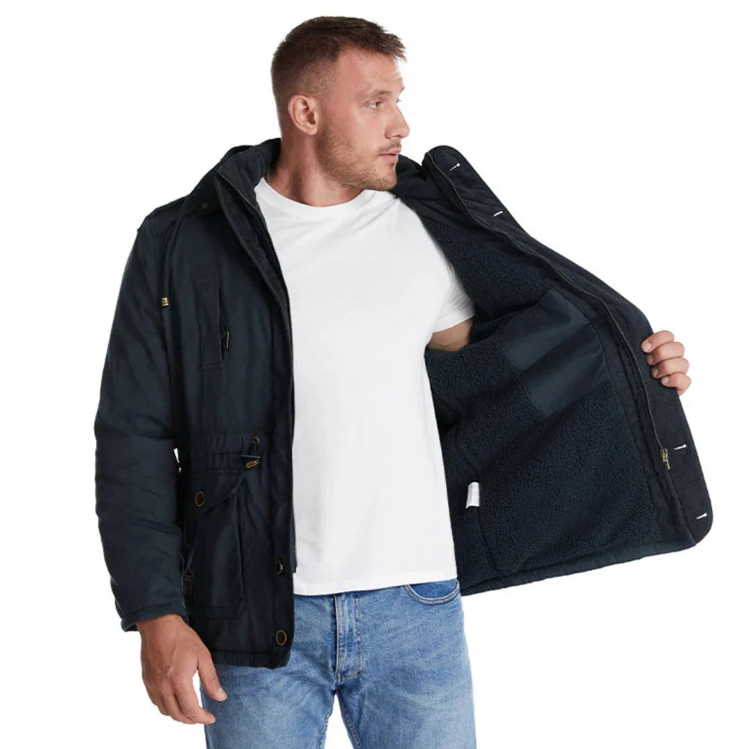 ArcticShield men's sherpa lined winter parka in navy blue, open front on model showing the sherpa lining