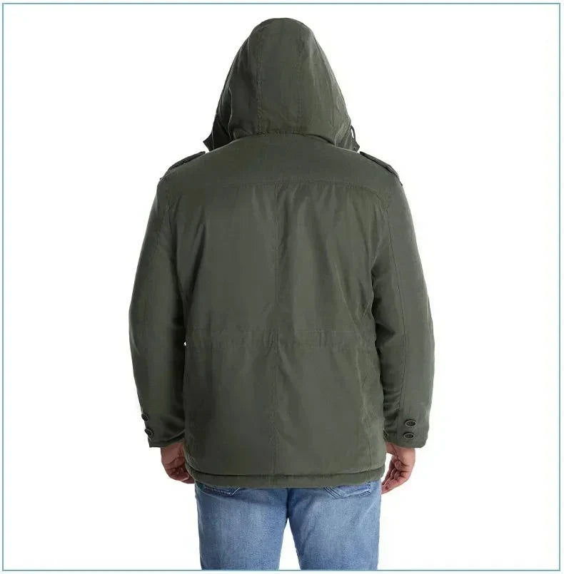 ArcticShield men's sherpa lined winter parka in olive, back view on model