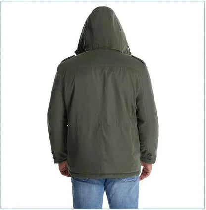 ArcticShield men's sherpa lined winter parka in olive, back view on model