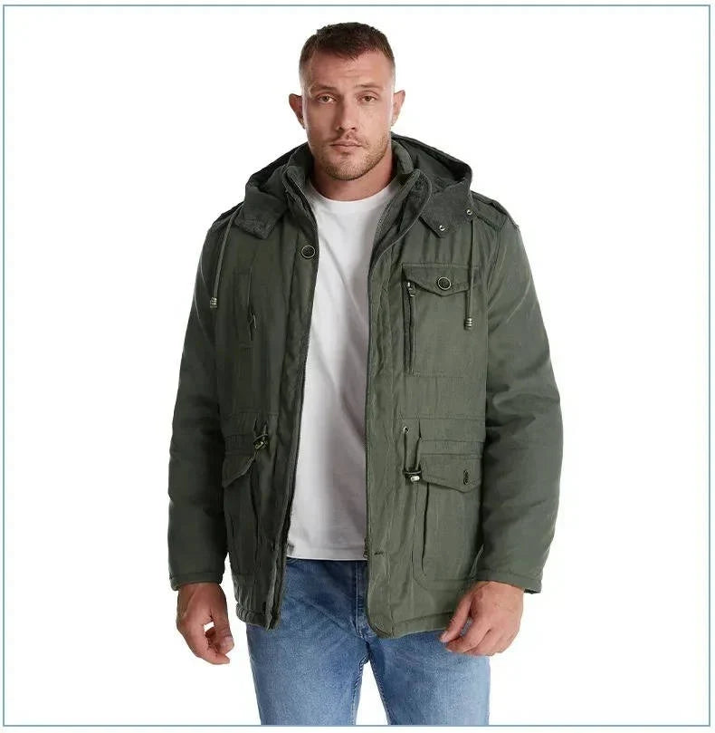 ArcticShield men's sherpa lined winter parka in olive, front view on model