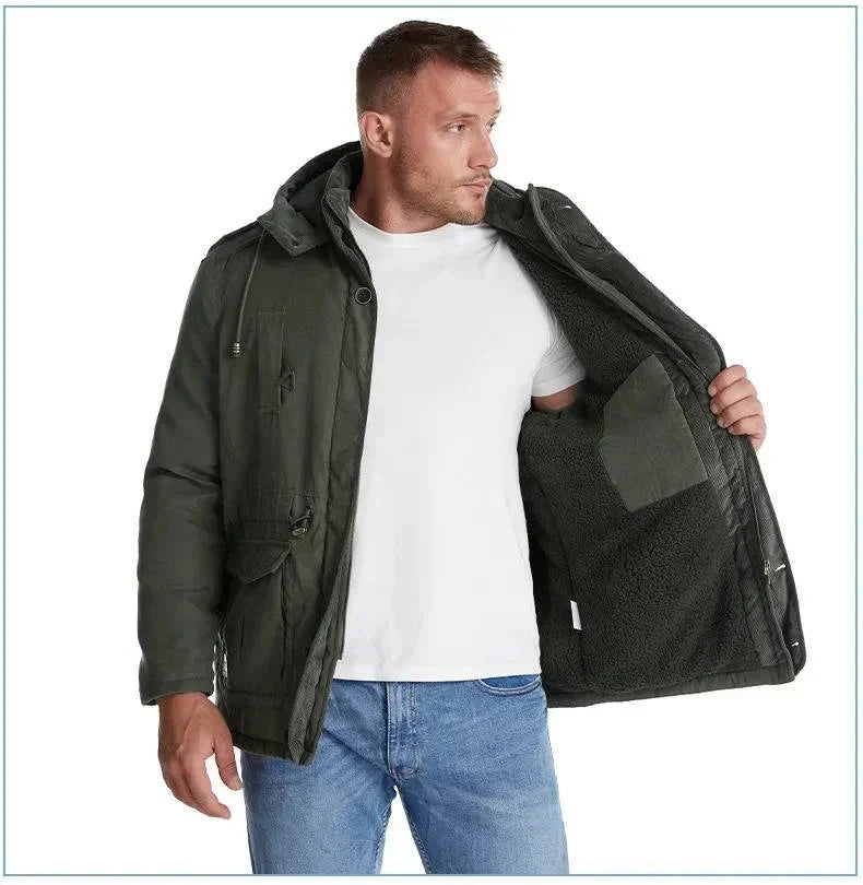 ArcticShield men's sherpa lined winter parka in olive, open front on model showing the sherpa lining