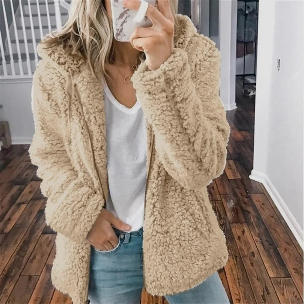 Women's hooded teddy fleece jacket with open front in Beige