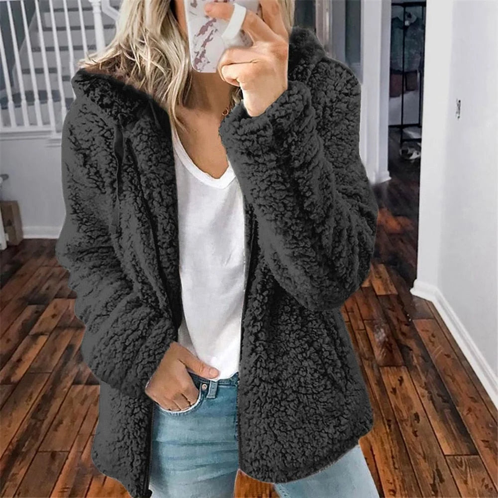 Women's hooded teddy fleece jacket with open front in Black