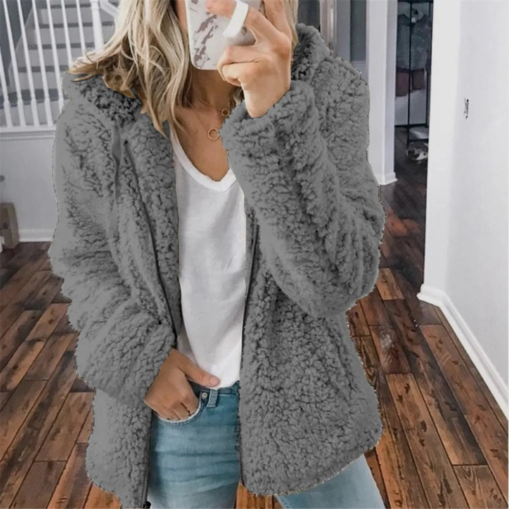 Women's hooded teddy fleece jacket with open front in Dark Grey