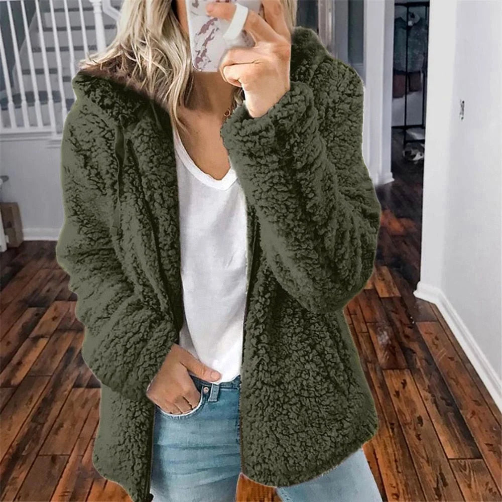 Women's hooded teddy fleece jacket with open front in Green