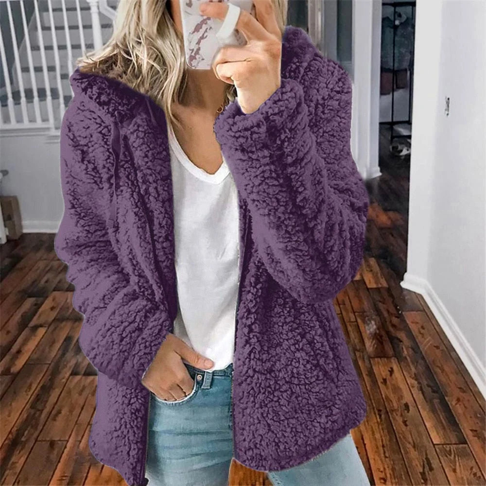 Women's hooded teddy fleece jacket with open front in Purple