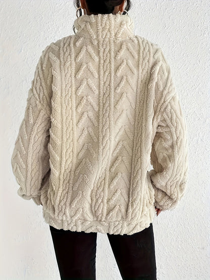 Women's cable-knit zip-neck sweater in apricot, back view