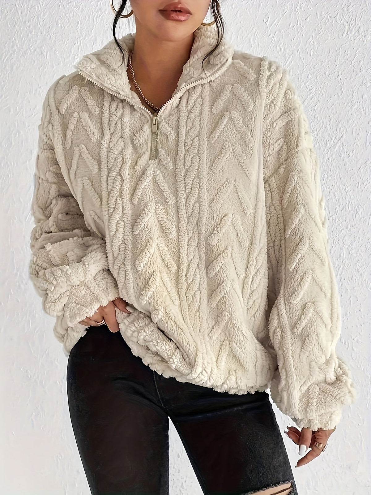 Women's cable-knit zip-neck sweater in apricot, additional view