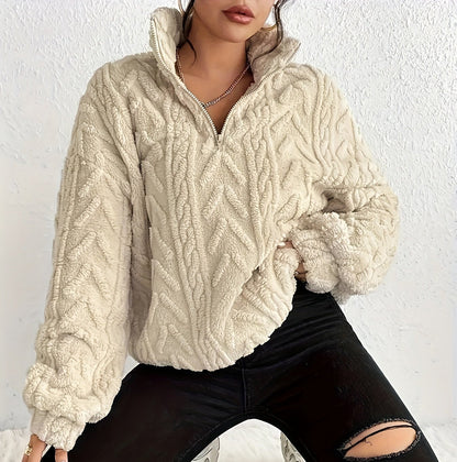 Women's cable-knit zip-neck sweater in apricot