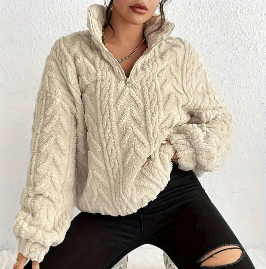 Women's cable-knit zip-neck sweater in apricot