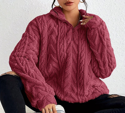 Women's cable-knit zip-neck sweater in burgundy