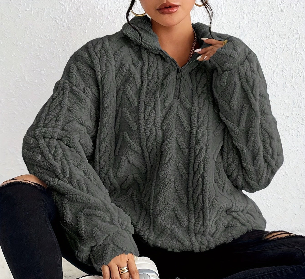 Women's cable-knit zip-neck sweater in dark grey