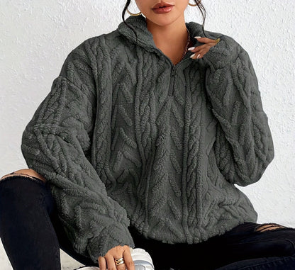 Women's cable-knit zip-neck sweater in dark grey