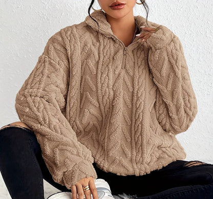 Women's cable-knit zip-neck sweater in khaki