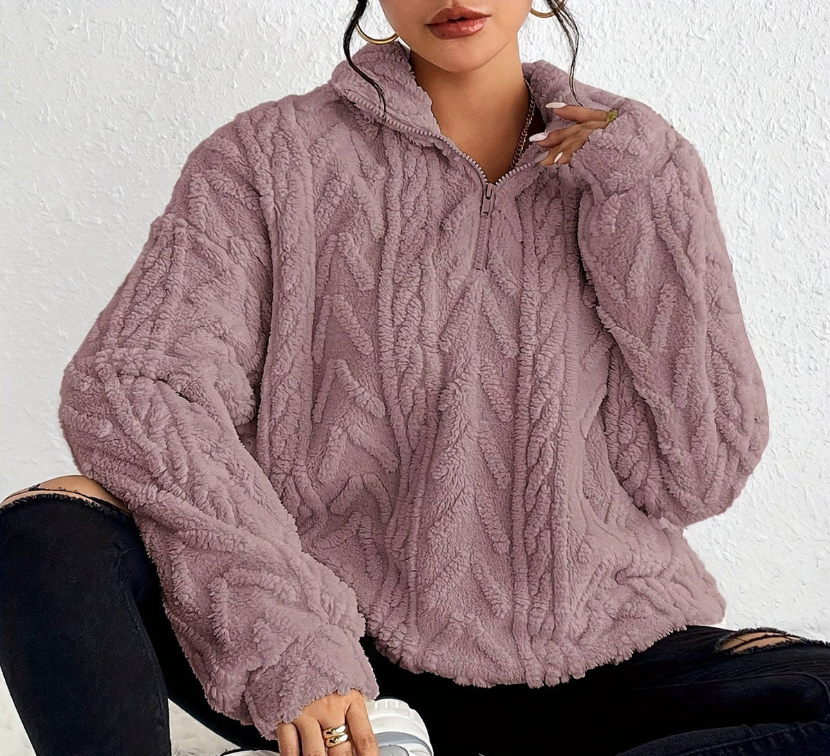 Women's cable-knit zip-neck sweater in light purple