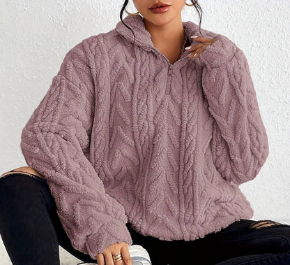 Women's cable-knit zip-neck sweater in light purple