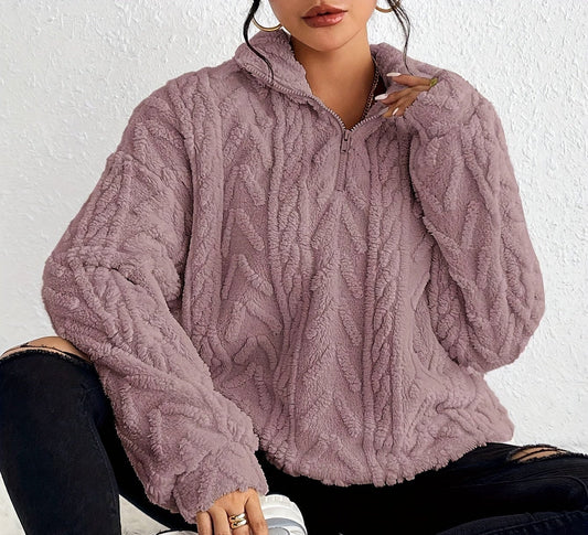 Women's cable-knit zip-neck sweater in light purple