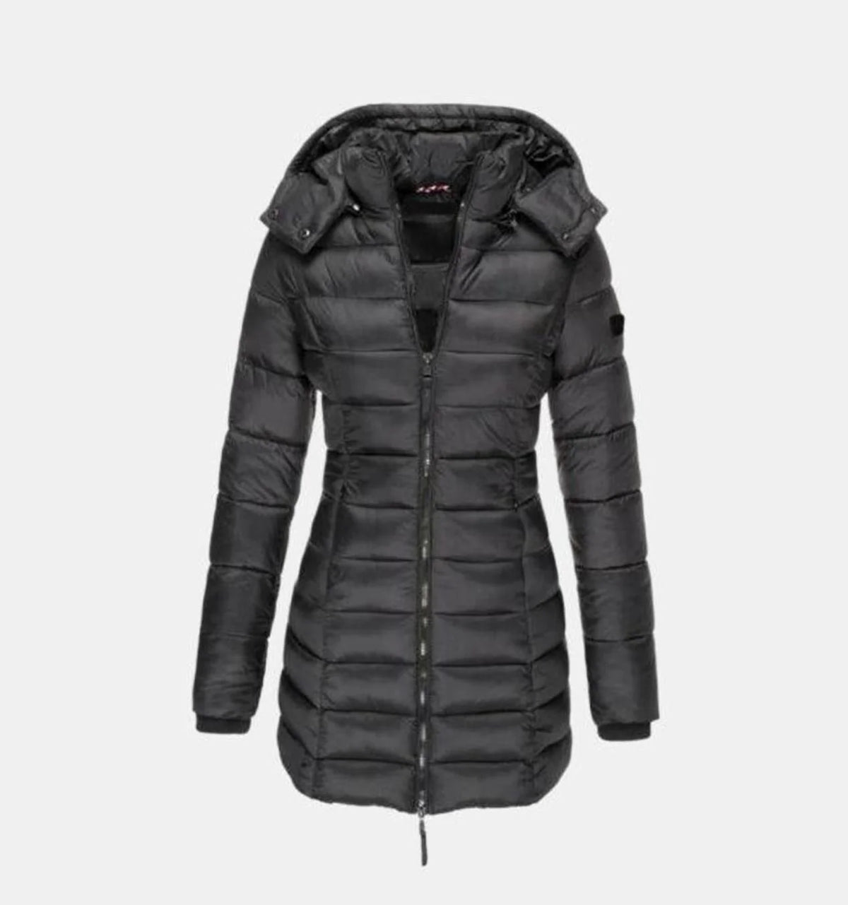 Charlotte long quilted hooded winter jacket in black, front view