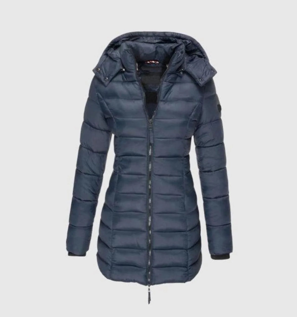 Charlotte long quilted hooded winter jacket in blue, front view