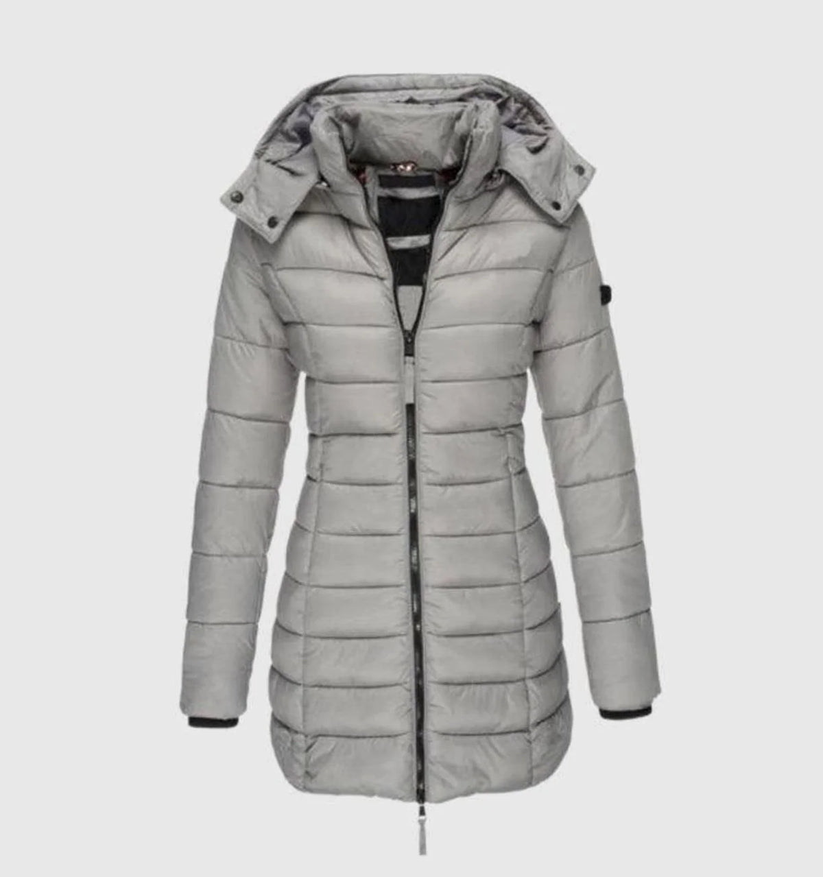 Charlotte long quilted hooded winter jacket in gray, front view