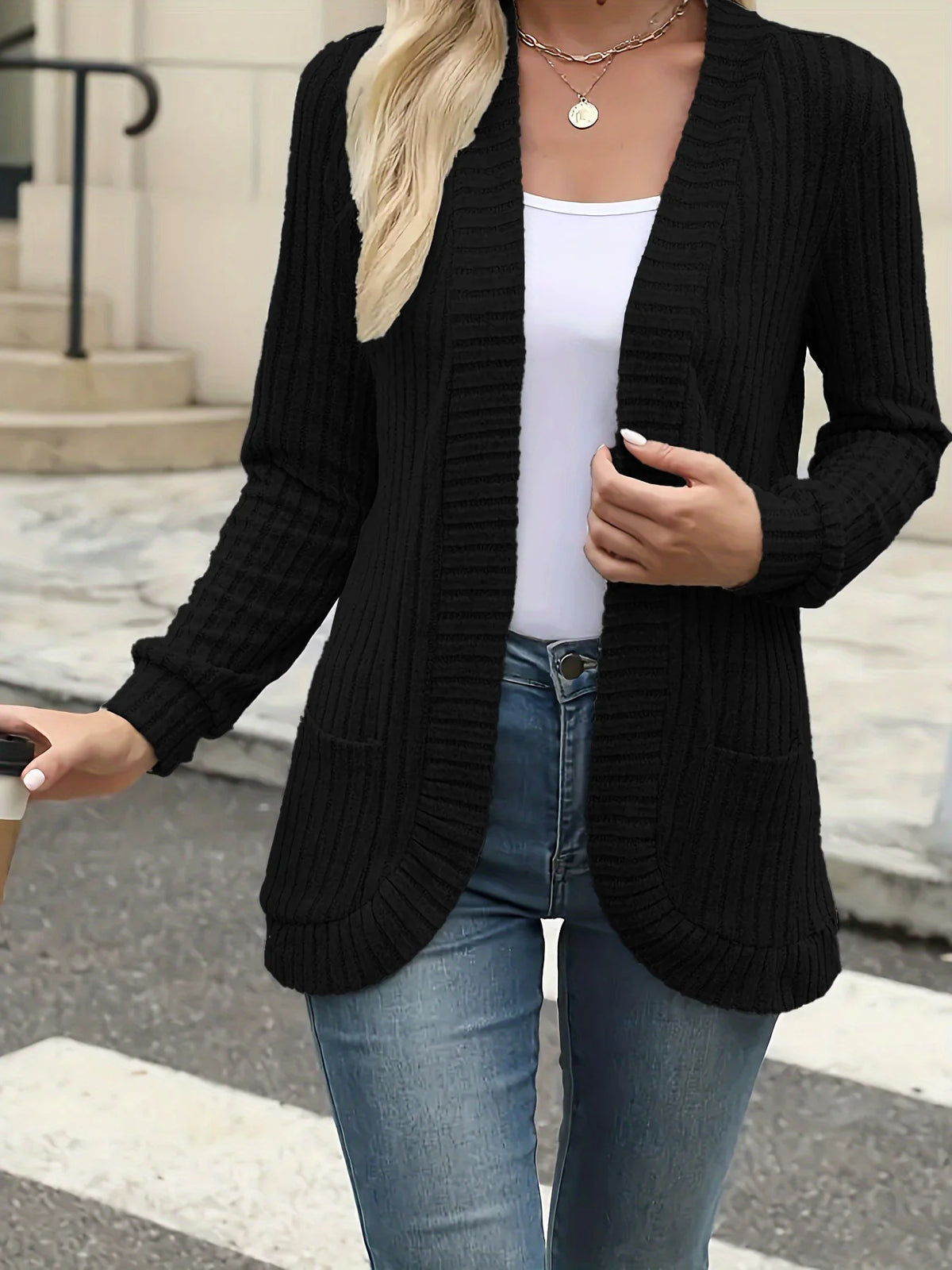CozyEase long open-front knit cardigan in black, front view on model