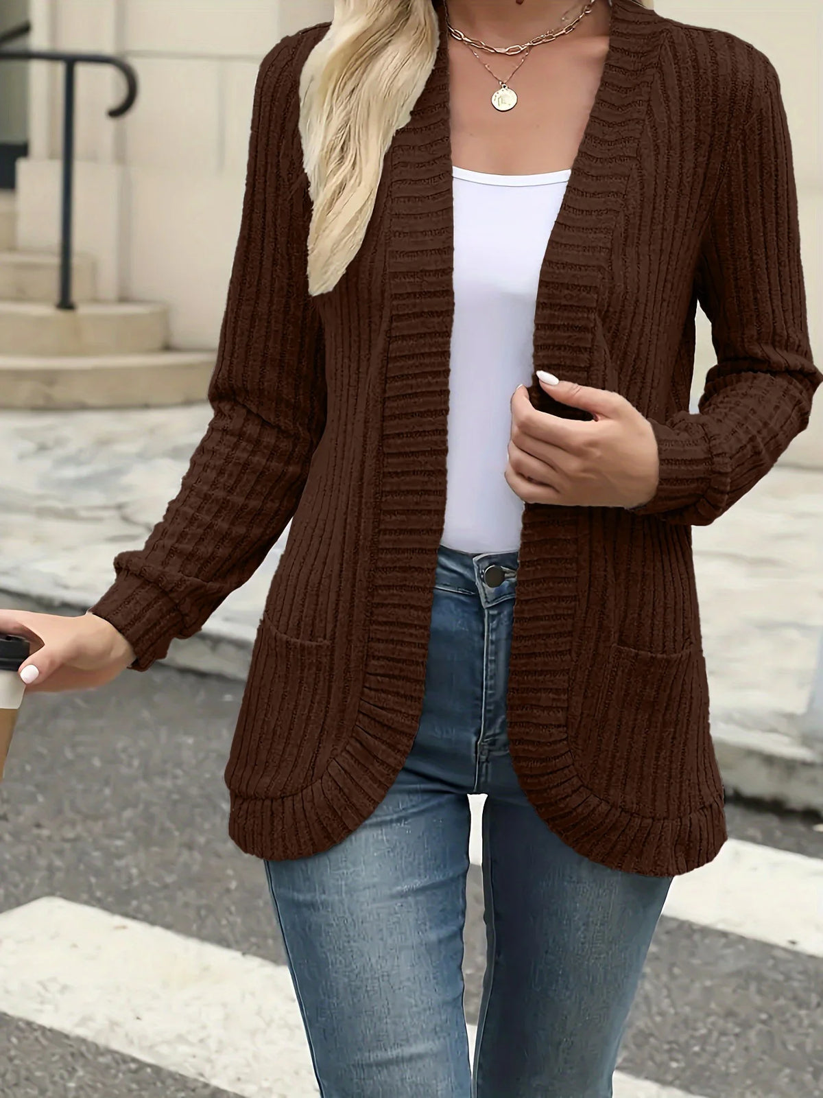 CozyEase long open-front knit cardigan in coffee brown, front view on model