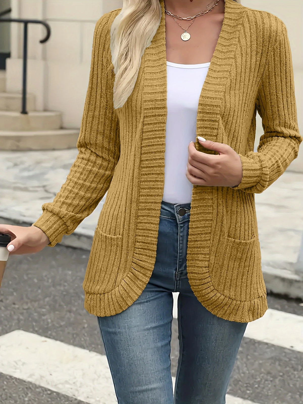 CozyEase long open-front knit cardigan in earthy yellow, front view on model