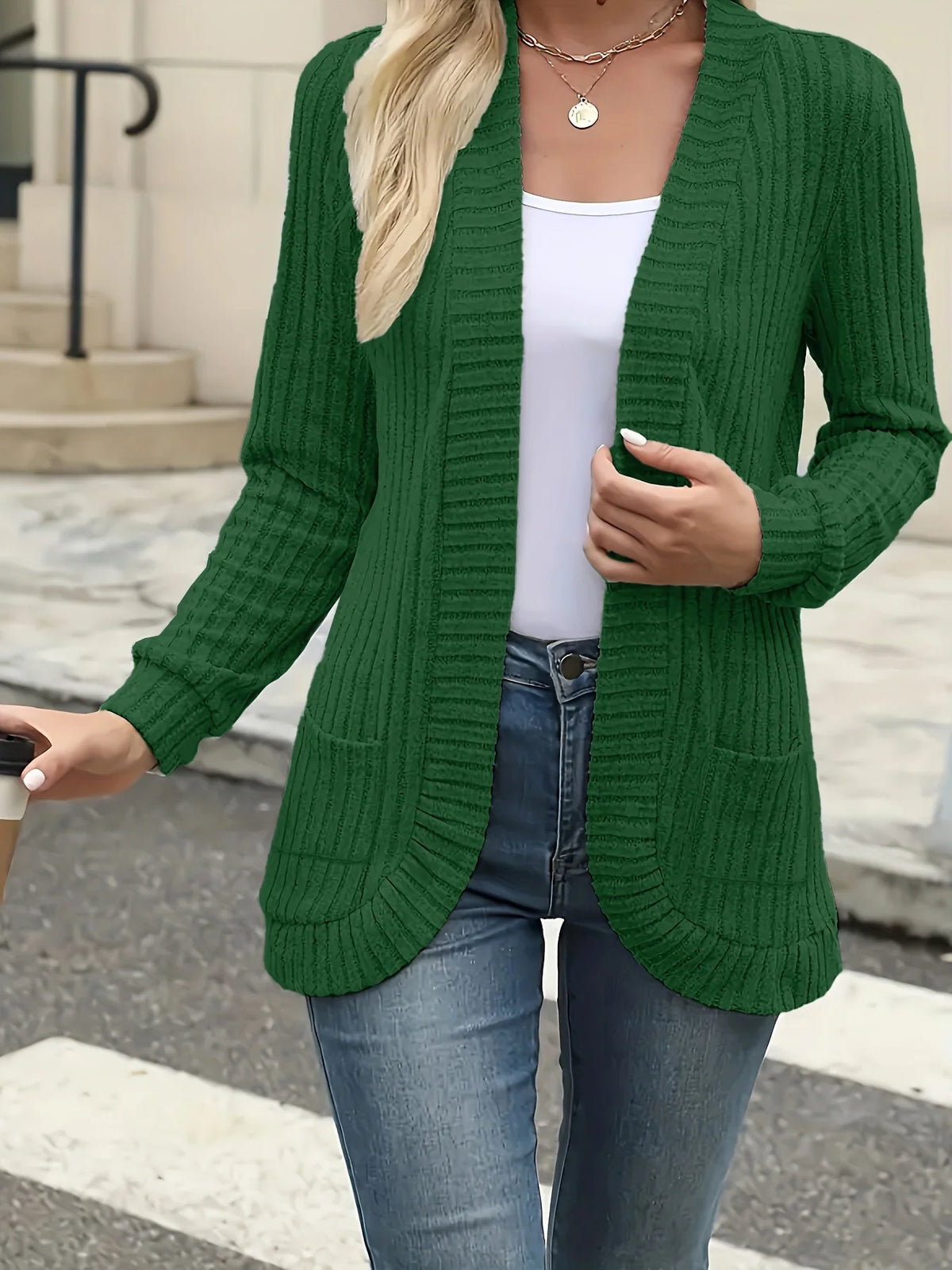 CozyEase long open-front knit cardigan in green, front view on model