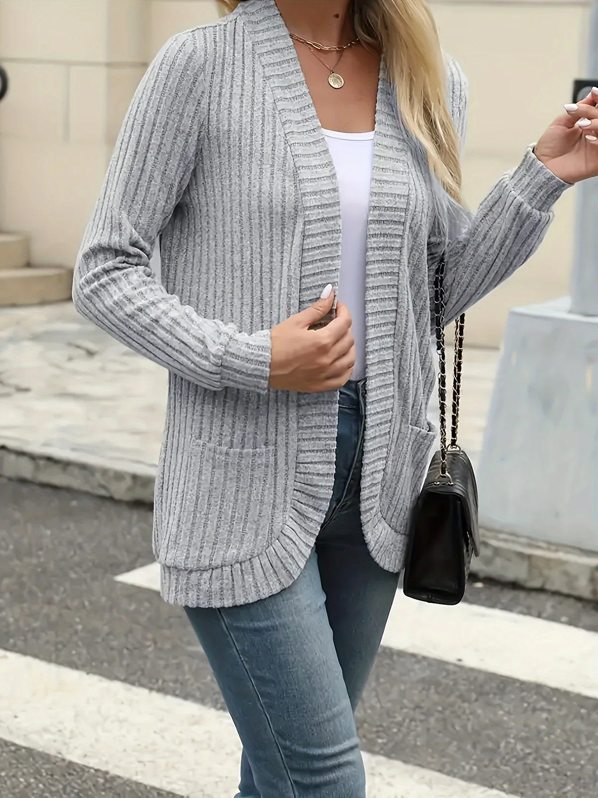 CozyEase long open-front knit cardigan in light gray, front view on model