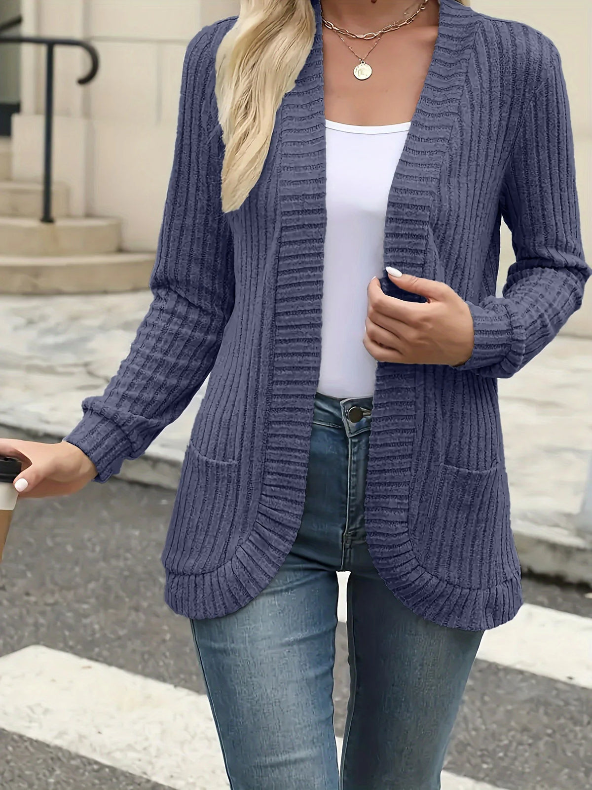 CozyEase long open-front knit cardigan in navy blue, front view on model