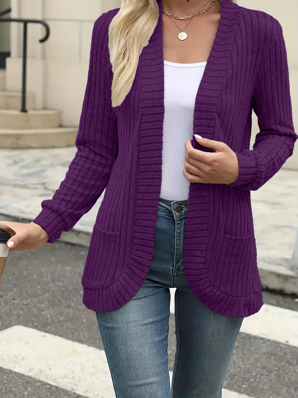 CozyEase long open-front knit cardigan in purple blue, front view on model