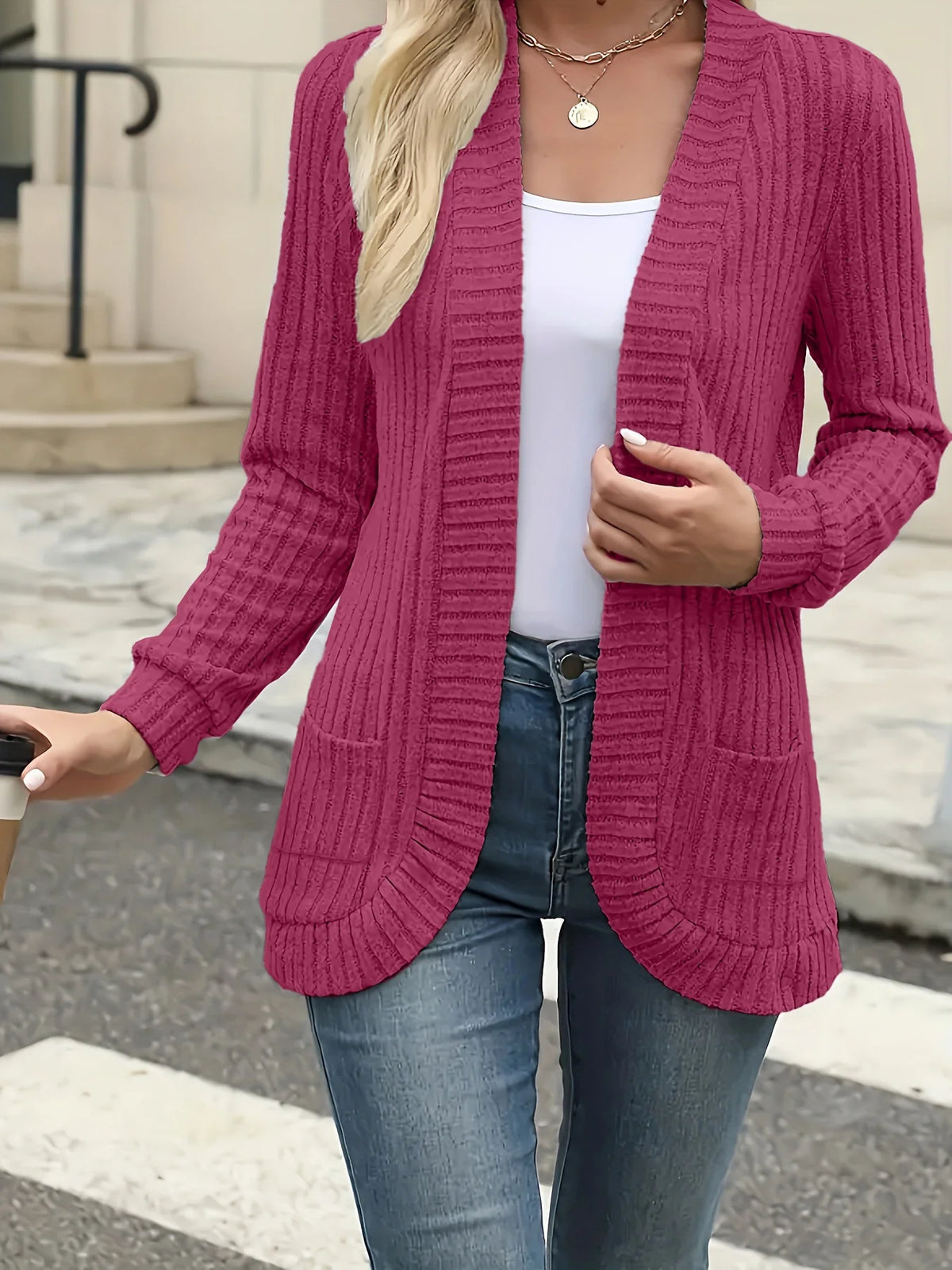 CozyEase long open-front knit cardigan in rose red, front view on model