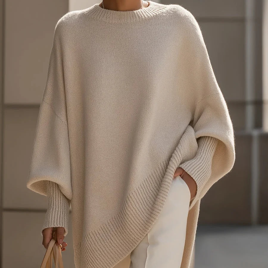 Women's oversized poncho sweater with batwing sleeves in Beige