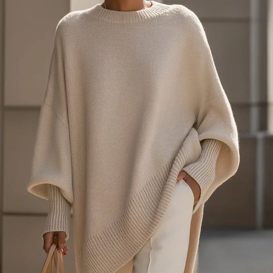 Women's oversized poncho sweater with batwing sleeves in Beige