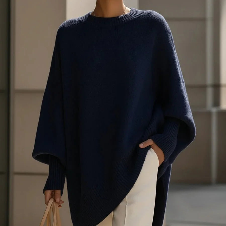 Women's oversized poncho sweater with batwing sleeves in Navy Blue