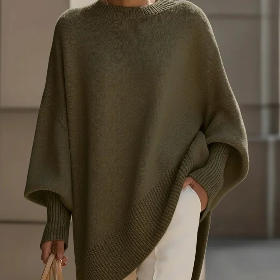 Women's oversized poncho sweater with batwing sleeves in Olive Green
