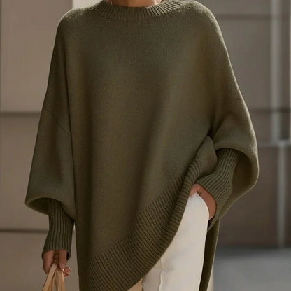 Women's oversized poncho sweater with batwing sleeves in Olive Green