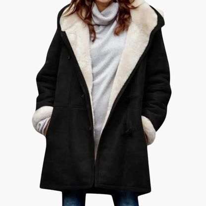 Women's hooded toggle coat with sherpa lining in Black