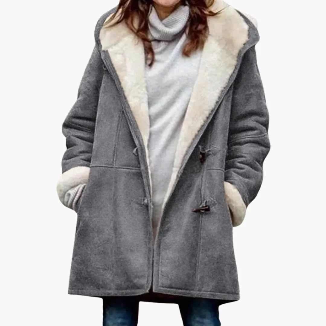 Women's hooded toggle coat with sherpa lining in Grey