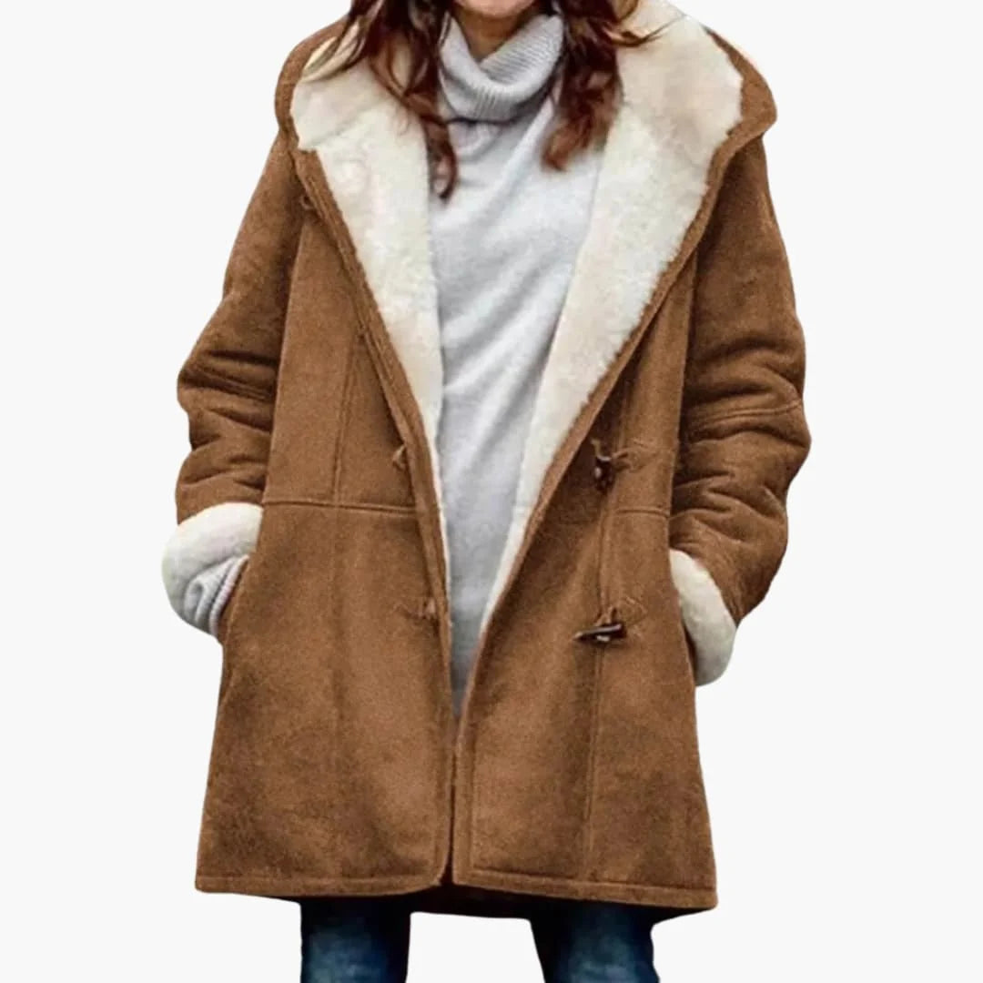 Women's hooded toggle coat with sherpa lining in Khaki