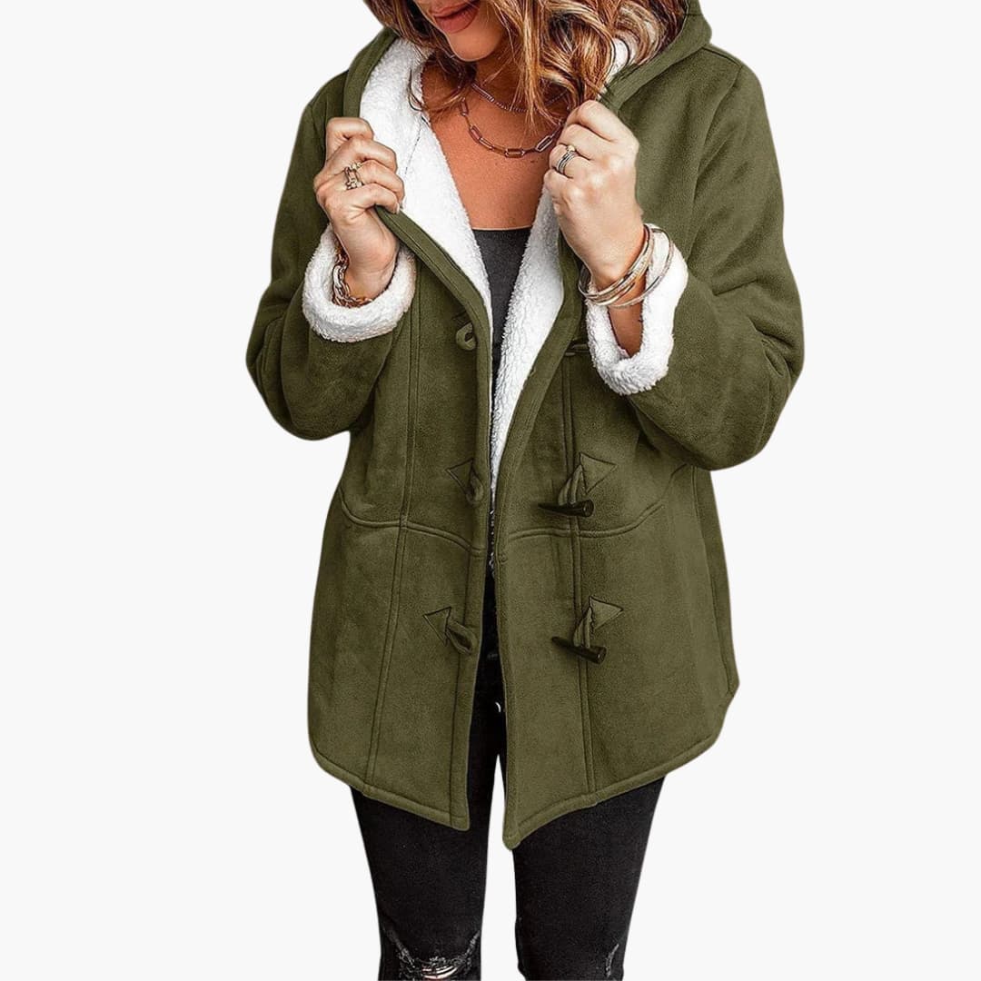 Women's hooded toggle coat with sherpa lining in Olive Green