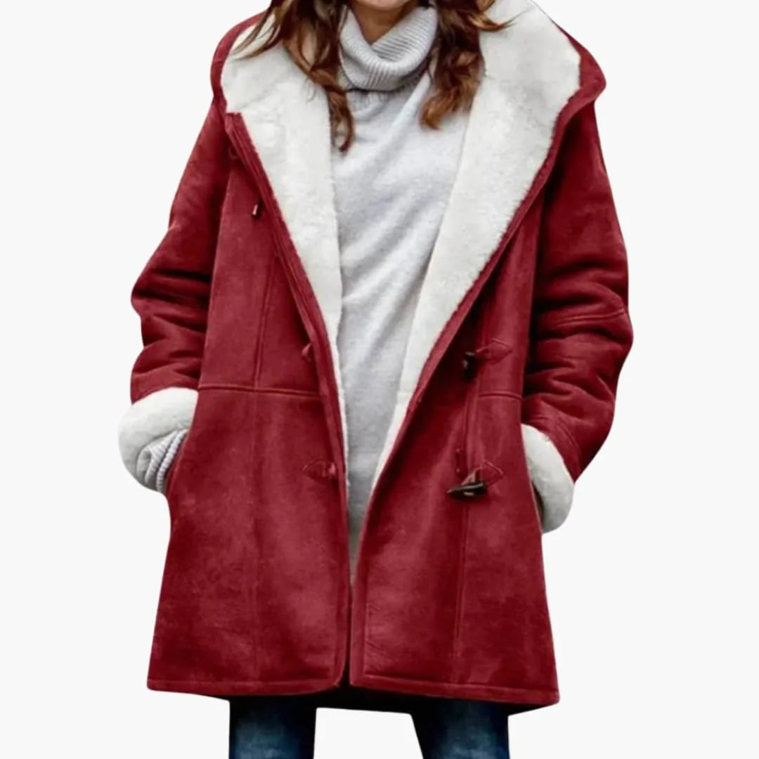 Women's hooded toggle coat with sherpa lining in Red