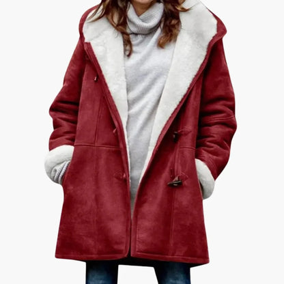 Women's hooded toggle coat with sherpa lining in Red