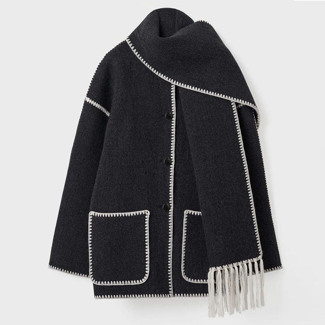 Women's blanket scarf coat with fringe trim in Anthracite
