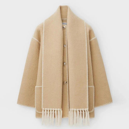 Women's blanket scarf coat with fringe trim in Beige
