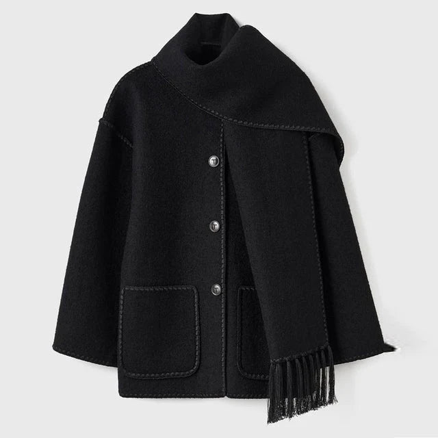Women's blanket scarf coat with fringe trim in Black