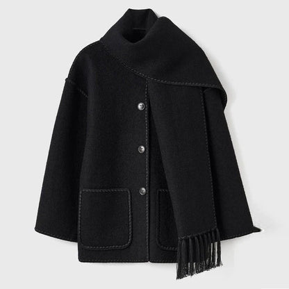Women's blanket scarf coat with fringe trim in Black