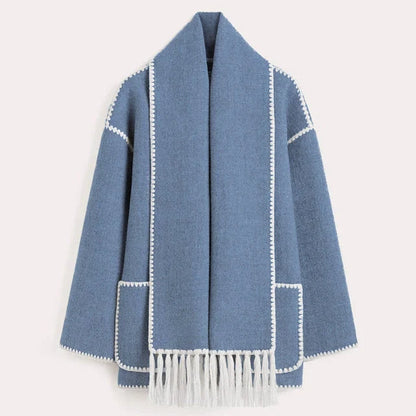 Women's blanket scarf coat with fringe trim in Blue
