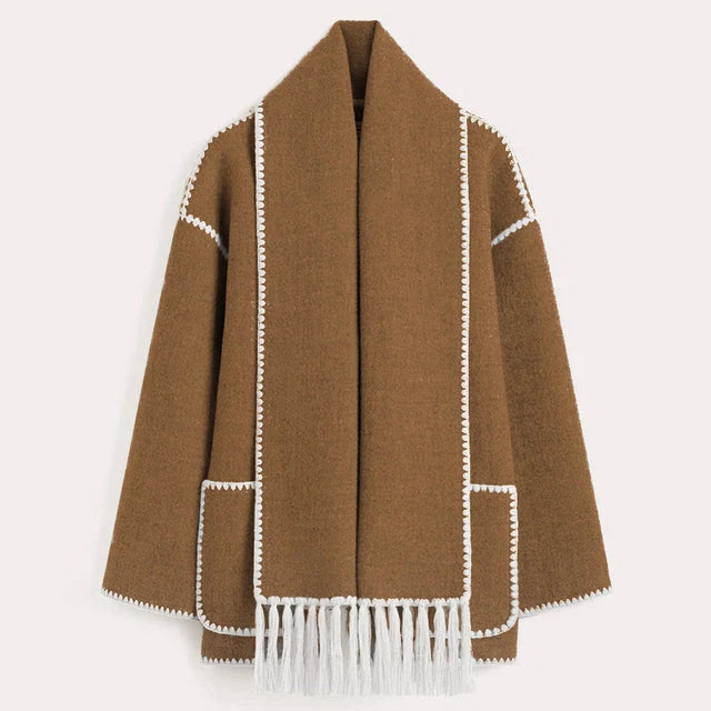 Women's blanket scarf coat with fringe trim in Brown
