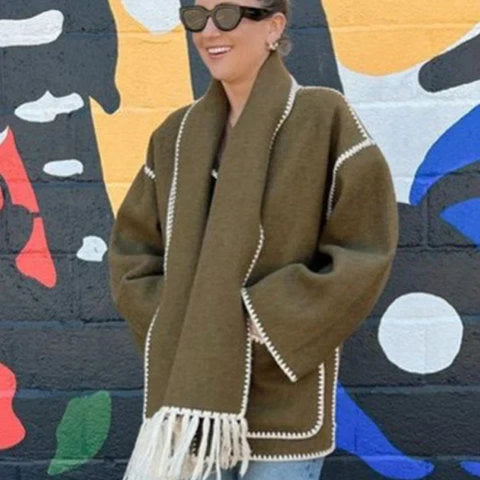 Women's blanket scarf coat with fringe trim in Green